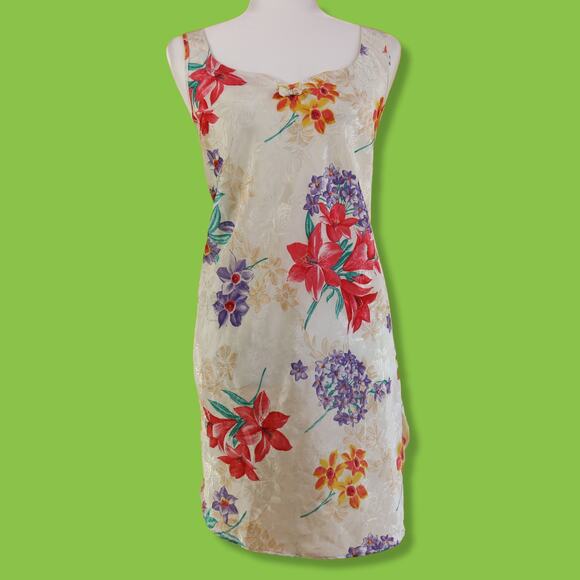 Vintage Expressions White Cream Floral Slip Dress, L - Picture 1 of 6
